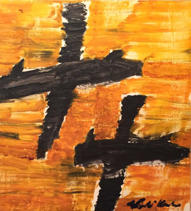 Alessandro Vignali - Aerei neri su cielo arancio - cm 112x102 - Olio su tela - 2008